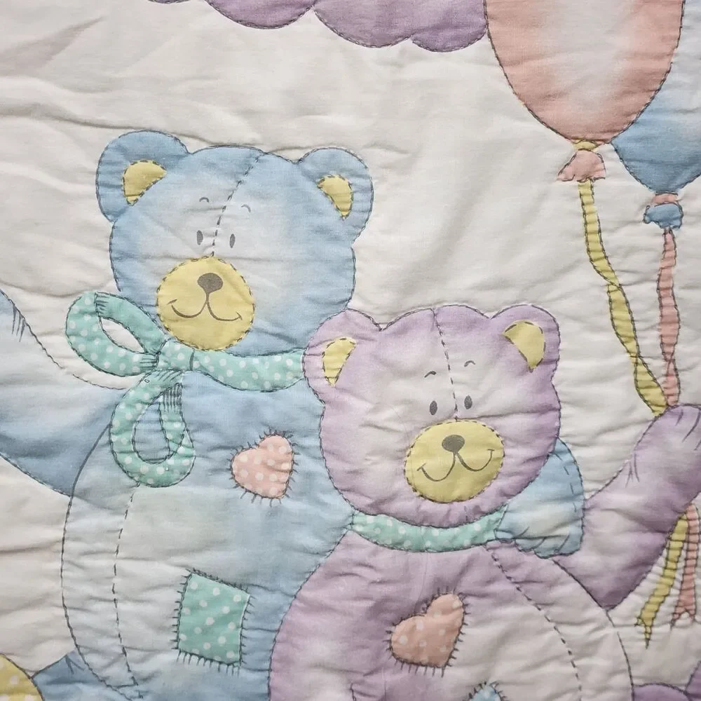 Vintage Bedtime Originals Teddy Bear Balloons Pastel Baby Crib Quilt Blanket